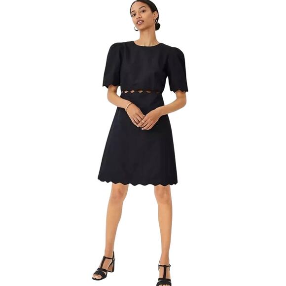 Ann Taylor Scalloped Cotton Linen Cut Out Dress Black 12 NEW - Picture 2 of 15